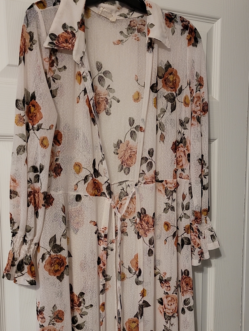 Floral Ruffle Sleeve Tie-Front Maxi for Women - White with Pink & Brown Roses